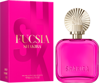 Shakira Fucsia EDP: kwadratowy flakon w kolorze fuksji z napisem SHAKIRA i pasujące pudełko z boku.
