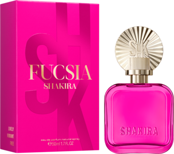 Shakira Fucsia woda perfumowana w intensywnie różowej butelce ze złotym korkiem, obok pasującego pudełka.