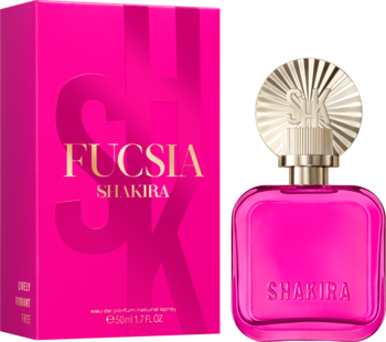 Woda perfumowana Shakira Fucsia w intensywnie różowym flakonie z złotym korkiem, obok pudełka. Widok z przodu.