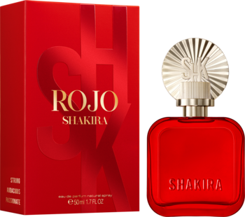 Woda perfumowana Shakira ROJO: czerwona butelka ze złotym korkiem, obok czerwone kartonowe pudełko z napisem.