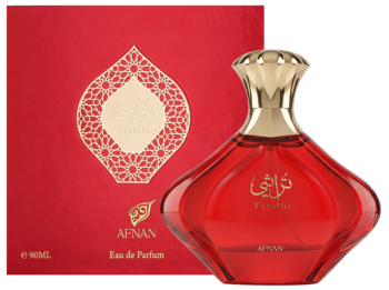 Woda perfumowana Afnan Turathi Red 90ml, w czerwonej butelce z falistym kształtem i złotą nakrętką, obok czerwone pudełko.