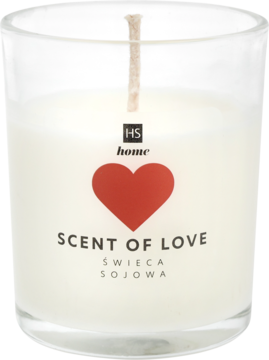 Hiskin Walentynkowa świeca Scent of Love 100ml, biała, w szklanym naczyniu z czerwonym sercem, widok z przodu.