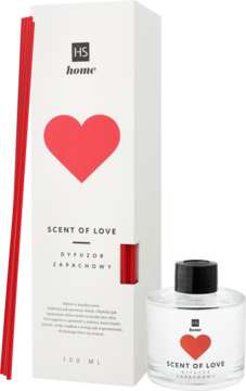 Hiskin Scent of Love dyfuzor zapachowy, białe pudełko z czerwonym sercem, patyczki i butelka 100ml.