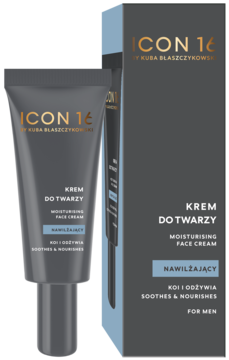 ICON 16 nawilżający krem do twarzy w ciemnoszarej tubce i pudełku z niebieskim akcentem, widok z przodu.