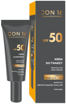 Icon 16 SPF 50 krem ochronny dla mężczyzn, ciemna tubka i pudełko, chroni UVA/UVB, nawilża, widok z przodu.