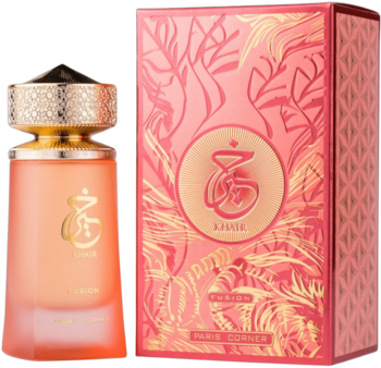 Perfumy Khair Fusion o zapachu liczi, w różowo-złotym matowym flakonie, obok pudełka, widok z przodu.