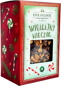 Czerwone pudełko z herbatą Wigilijny Wieczór Five O'Clock, świąteczne wzory, okienko z mieszanką owoców i przypraw.