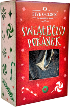 Czerwone opakowanie herbaty FIVE O'CLOCK Świąteczny Poranek, z przezroczystym okienkiem i świątecznymi wzorami, widok z przodu.