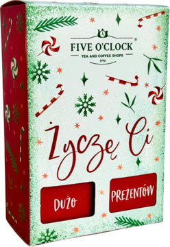Świąteczny zestaw herbat Five o'clock w biało-czerwonym pudełku, zdobiony płatkami śniegu i napisem 'Życzę Ci', widok ukośny.