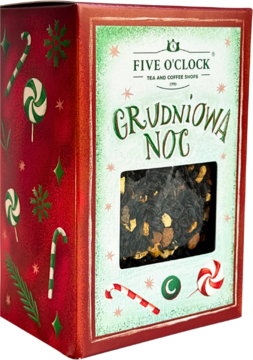 Świąteczna czarna herbata Five O'Clock Grudniowa Noc w czerwonym pudełku z okienkiem, widok z przodu.