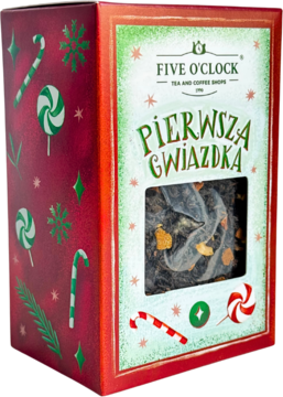 Świąteczna herbata Five O'Clock Pierwsza Gwiazdka w czerwono-zielonym pudełku, widok pod kątem z okienkiem.