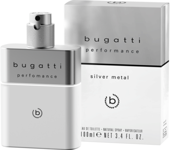Srebrna butelka Bugatti Performance Silver Metal woda toaletowa 100ml i białe pudełko, widok z przodu.