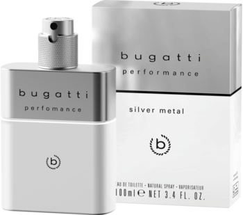 Męska woda toaletowa Bugatti Performance Silver Metal 100ml, biało-srebrna butelka, obok pudełko, widok z przodu.