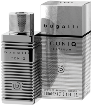 Bugatti Iconiq Platinum męska woda toaletowa, srebrna butelka z fakturą i dopasowane pudełko, widok z przodu.