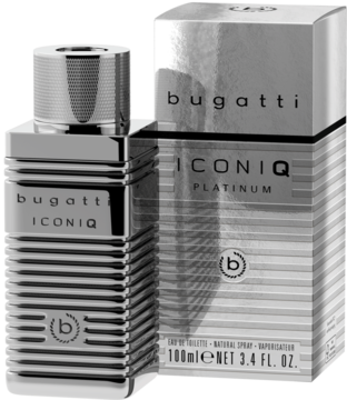 Srebrna woda toaletowa Bugatti Iconiq Platinum 100ml. Butelka i pudełko z prążkowaną fakturą na czarnym tle.