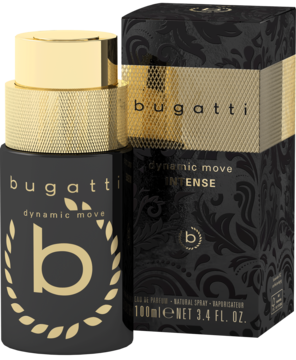 Woda perfumowana Bugatti Dynamic Move Intense, czarna butelka ze złotym logo 'b', obok dopasowanego pudełka.