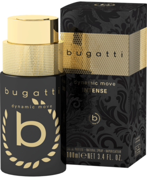 Woda perfumowana Bugatti Dynamic Move Intense. Ciemna butelka z złotymi napisami i czarne pudełko.