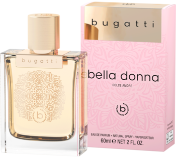 Woda perfumowana Bugatti Bella Donna Dolce Amore, butelka z mandalą, złota nakrętka i różowe pudełko, widok z przodu.