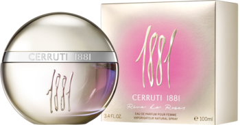 Damskie perfumy Cerruti 1881 Rêve de Roses: kulisty flakon i prostokątne pudełko z różowym napisem, widok z przodu.