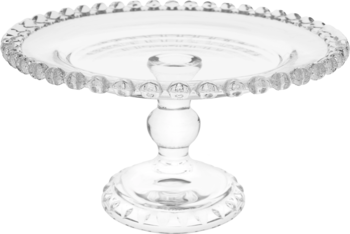 Przezroczysta szklana patera na tort z dekoracyjnym, koralikowym brzegiem i ozdobną nóżką, widok z przodu.