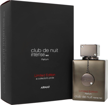 Armaf Club de Nuit Intense Parfum, edycja limitowana, butelka z metalową etykietą i czarne pudełko. Ujęcie frontalne.