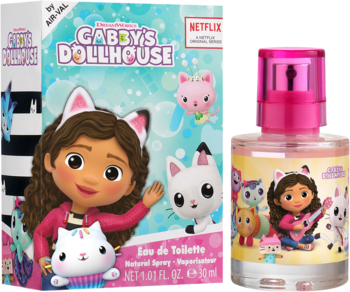 Woda toaletowa Gabby's Dollhouse dla dzieci, butelka 50ml z grafiką postaci i pudełko z Gabby obok.