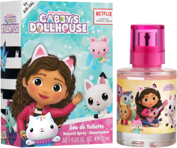 Woda toaletowa Gabby's Dollhouse dla dzieci, butelka 50ml z grafiką postaci i pudełko z Gabby obok.