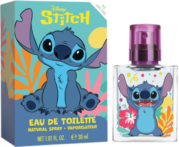 Dziecięca woda toaletowa Disney Stitch, pudełko i butelka z wesołym Stitchem na tle liści i kwiatów.
