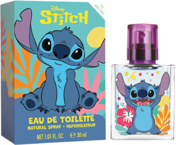 Dziecięca woda toaletowa Disney Stitch, pudełko i butelka z wesołym Stitchem na tle liści i kwiatów.