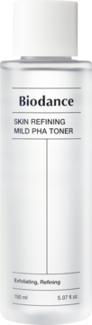 Biodance Skin Refining Mild PHA Toner 150ml w przezroczystej butelce z białym korkiem, widok z przodu.