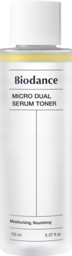 Biodance Micro Dual Serum Toner, nawilżający, dwufazowy. Biała butelka, widok z przodu, żółta warstwa.