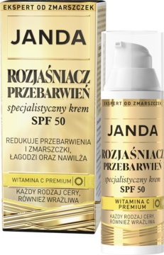 JANDA Rozjaśniacz Przebarwień krem SPF 50 z Wit. C, złota butelka z pompką i opakowaniem, widok przód.