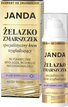 Janda ŻELAZKO ZMARSZCZEK, wygładzający krem. Złoty kartonik i biała butelka z pompką, widok z przodu.