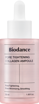 Biodance Pore Tightening Collagen Ampoule, różowa butelka z białym zakraplaczem, widok z przodu, zwężająca pory.