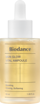 Ampułka Biodance Skin Glow Vital z probiotykiem, rozświetlająca, w przezroczystej butelce z białym kroplomierzem, widok z przodu.