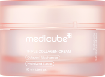Różowy, matowy słoiczek Medicube Triple Collagen Cream 50 ml, widok z przodu. Krem nawilżający z kolagenem i niacynamidem.