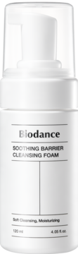 Biodance Soothing Barrier Cleansing Foam, biała butelka z pompką, widok z przodu, widoczne napisy Soft Cleansing, Moisturizing, 120 ml.