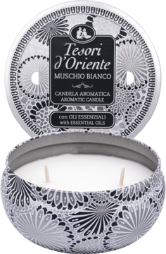 Tesori d'Oriente Muschio Bianco, świeca aromatyczna w otwartej okrągłej puszce. Biały wosk, dwa knoty, dekoracyjny wzór.
