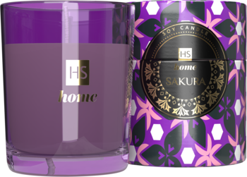 Hiskin SAKURA świeca zapachowa 150ml w fioletowym szkle i ozdobnym pudełku. Widok obu produktów.