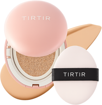 Różowy, matujący podkład TIRTIR Mask Fit All Cover Cushion Mini, otwarty, z puszkiem i próbką koloru.