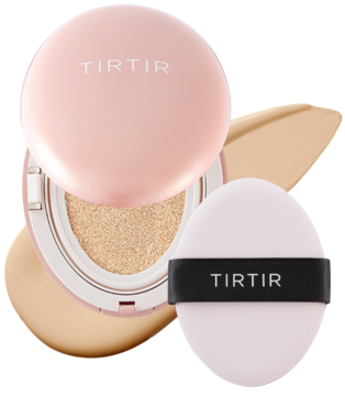 Różowy podkład TIRTIR Mask Fit All Cover Cushion Mini 17W, otwarty z puszkiem, na tle próbki matowego krycia.
