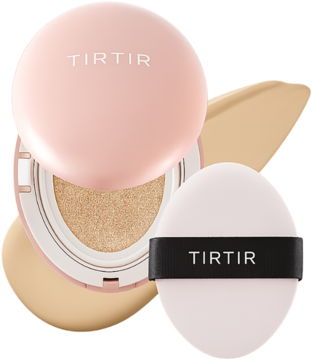 Różowy TIRTIR Mask Fit All Cover Cushion Mini 23N Sand otwarty, z gąbką i próbką kryjącego podkładu.