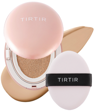 Mini podkład TIRTIR Mask Fit Cushion 24N w różowej kasetce, otwarty, z aplikatorem i beżowym testem koloru.