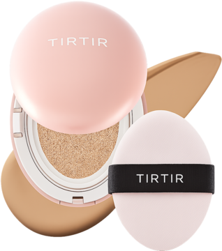 Kryjący podkład TIRTIR Mask Fit All Cover Cushion Mini 29N Natural Beige w różowym kompakcie, otwarty, z gąbką.