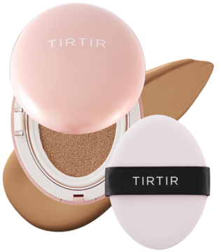 Różowy podkład TIRTIR Mask Fit All Cover Cushion Mini z puszkiem, widok z góry na otwarty kompakt i swatch.