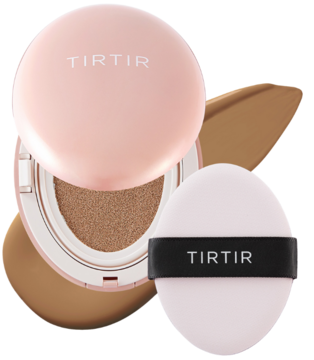 TIRTIR Mask Fit All Cover Cushion Mini 35N Walnut, otwarty, różowy kompakt z aplikatorem i smugami podkładu.