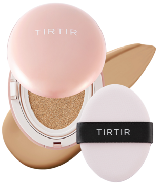 Podkład TIRTIR Mask Fit All Cover Cushion 27N Camel, otwarty, z gąbeczką i widoczną próbką koloru.