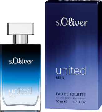 s.Oliver United Men woda toaletowa 50ml, butelka gradientowa niebieska i dopasowane pudełko, widok z przodu.