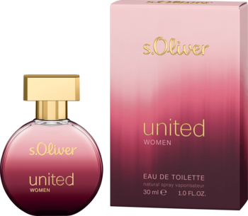Butelka S.Oliver United Women perfum 30ml z różowym gradientem i złotą nakrętką, obok dopasowane pudełko.