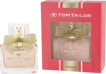 Tom Tailor Urban Life Woman: różowy flakon perfum ze złotą kokardką, widok z przodu, obok czerwonego pudełka.